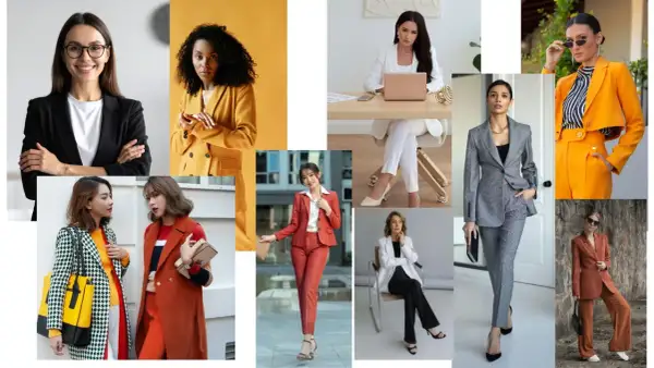 Kobiety w eleganckich, **casual business** stylizacjach: garnitury, marynarki, spodnie. Różne kolory i wzory.