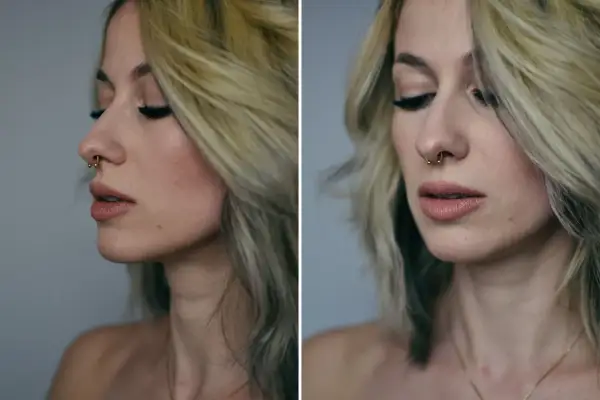 Kobieta z blond włosami i złotym septum. Czy septum boli? To pytanie zadaje sobie wiele osób, ale widok tej ozdoby sugeruje, że warto.