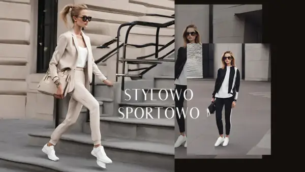 Kobiety w stylizacjach athleisure: elegancki beżowy garnitur i sportowy czarno-biały komplet.