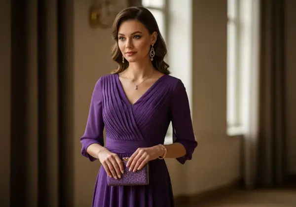 Elegancka kobieta w fioletowej sukience, z błyszczącą kopertówką i biżuterią. Idealne dodatki do fioletowej sukienki.