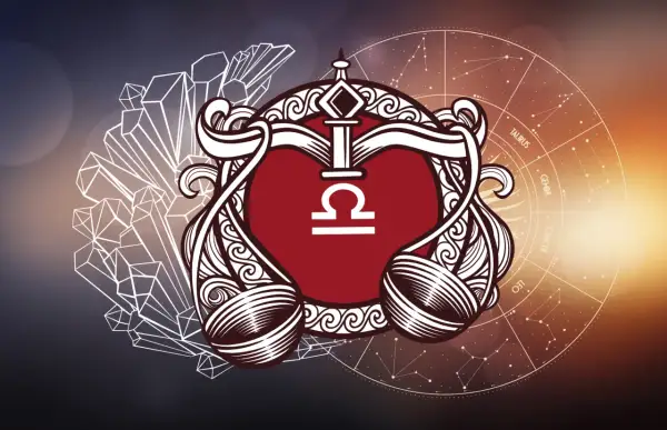 Symbol Wagi, rodonit znak zodiaku, otoczony kryształami i kołem zodiaku.