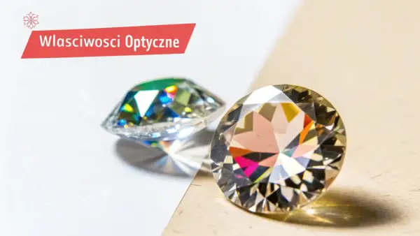 Dwa błyszczące kamienie, jeden przypominający cyrkonię, drugi diament, ukazują swoje optyczne właściwości.