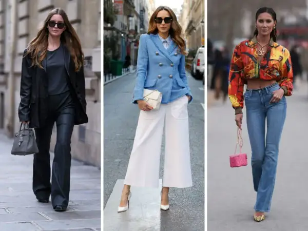 Stylizacje dla figury gruszki: czarny total look, błękitny tweed i białe szerokie spodnie, kolorowa kurtka i jeansy.