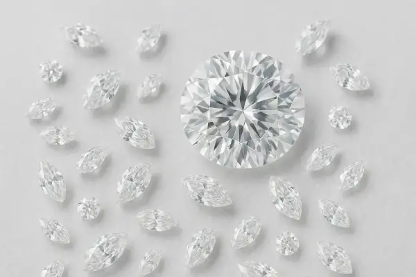 Oto jak wygląda diament: duży, okrągły brylant otoczony mniejszymi diamentami w kształcie łzy i okrągłymi.