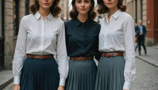 Trzy kobiety prezentują stylizacje: białe i czarne koszule z brązowymi paskami do plisowanych spódnic. Idealna inspiracja, jaka bluzka do plisowanej spódnicy.