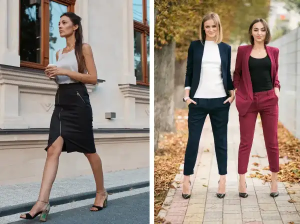 Eleganckie stylizacje na imprezę firmową: czarna spódnica z zamkiem i buty na obcasie, granatowy i bordowy garnitur.