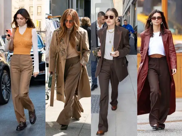 Kendall Jenner, Jennifer Lopez, Gigi Hadid i Emily Ratajkowski pokazują, co pasuje do brązowych spodni: swetry, płaszcze, garnitury i marynarki.
