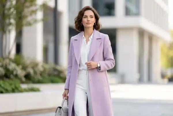 Elegancka kobieta w płaszczu w kolorze liliowym, białej koszuli i spodniach, z szarą torebką w dłoni, idzie ulicą.
