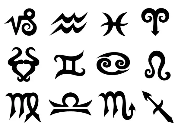 Czarno-białe symbole dwunastu znaków zodiaku ułożone w siatce 3x4.