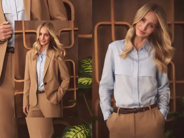 Elegancka kobieta w beżowym garniturze i błękitnej koszuli. Idealny dress code biznesowy damski.