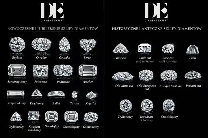 Różne szlify diamentów: brylant, owalny, gruszka, serce, szmaragdowy, princessa, poduszka, asscher, point cut, table cut, rose cut, polki, old mine cut, old european cut, antique cushion, peruzzi cut, trapezoidalny, księżycowy, bullet, tarcza, kryształ...